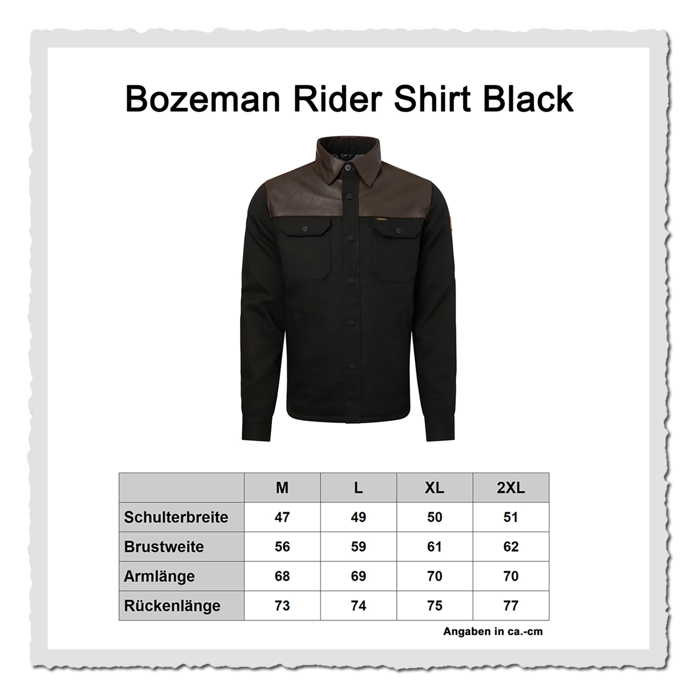Grafik: Bozeman Rider Shirt Black mit Maßtabelle darunter auf weißem Hintergrund.